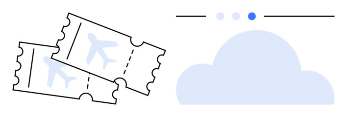Two airline tickets with airplane icons beside a cloud and a loading progress indicator. Ideal for travel, booking, tourism, digital services, flight search, vacation, simple landing page