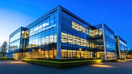 Obraz premium Modern glass office building at dusk illuminated interior corporate business architecture