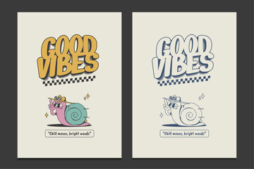 retro-style poster featuring a chill cartoon snail character, vector illustration