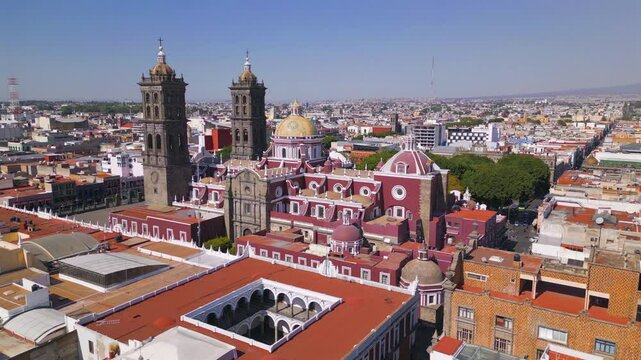 Aerial View of Puebla Cathedral in Historic Downtown Puebla, Mexico