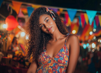 a young woman dressed in typical Festa Junina clothes, colorful clothes, vibrant colors, on a background of São João flags, lights