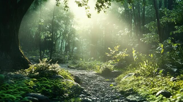 A path through a forest with sunlight shining through the trees