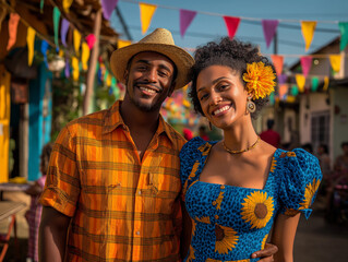 a young couple dressed in typical Festa Junina clothes, colorful clothes, vibrant colors, against a background of São João flags, lights