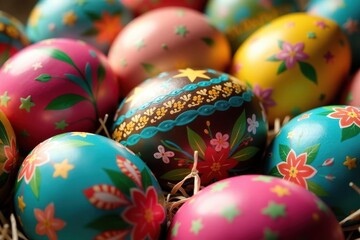 Fototapeta premium Close-up of intricately decorated Easter eggs , surface, gradient