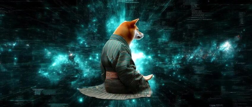 A minimalist animated Shiba Inu sits on a cube as blue vapor flows around, captured in a stylized graphic loop with smooth transitions and side angles.