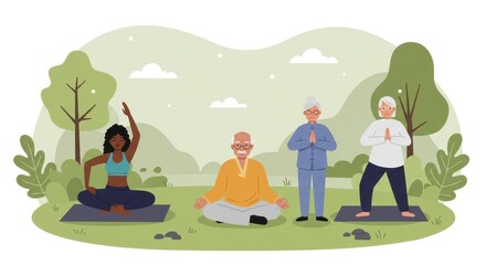 group of old multiracial people practicing yoga and meditation in lotus position on mats in peaceful garden with calm atmosphere, illustration. senior activity, healthy lifestyle, retirement poster