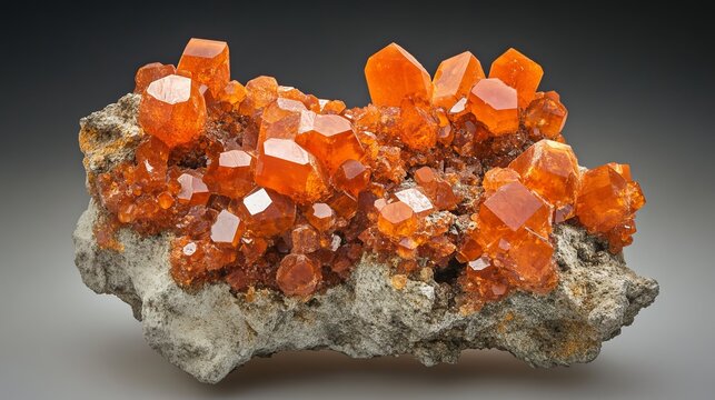 Stunning orange spessartine garnet crystal cluster on matrix rock specimen red rare gems brown shiny