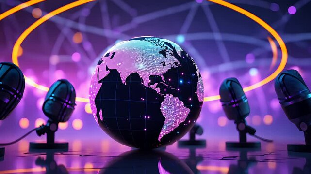 Global network connection with microphone elements and glowing digital world map, representing communication and technology advancements.

