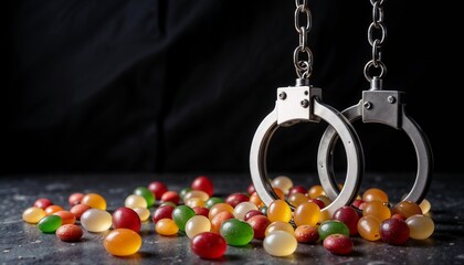 Fototapeta premium Handcuffs above colorful jelly candies on dark background, sugar addiction concept, symbolic image of unhealthy craving and food dependency