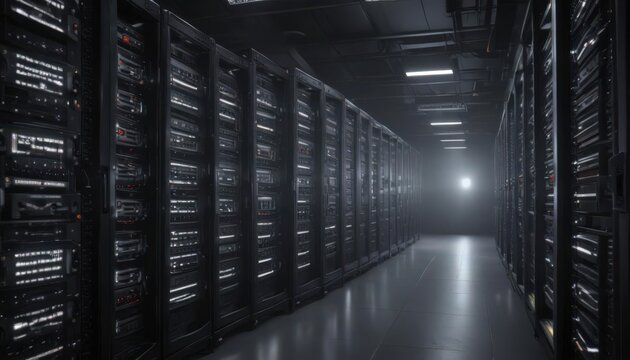 Gleaming server racks and blinking lights in a secure server room,  security,  storage