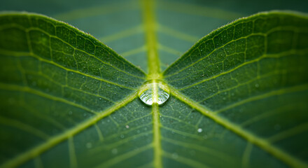 Close Up Fresh Green Leaf Veins Texture with a Single Water Drop