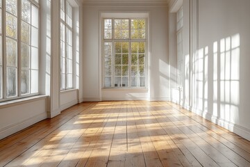 Obraz premium Sunny empty room, hardwood floor, large windows, autumn trees. Real estate listing