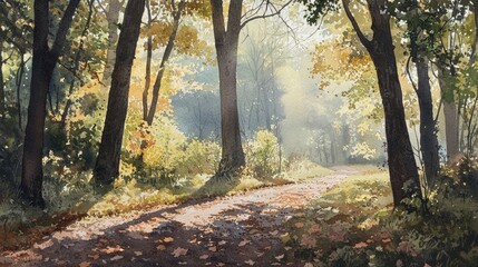 Obraz premium Bright sunlight illuminates a tranquil forest path adorned with vibrant autumn leaves. Tall trees create a peaceful atmosphere, inviting a leisurely walk through nature's beauty
