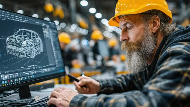 Engineering Precision: A seasoned engineer, clad in a hard hat, engrossed in advanced computer-aided design (CAD) software, meticulously working on a car model.