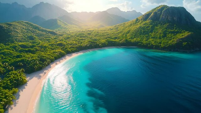 Stunning tropical island with a crescent shaped beach and turquoise waters