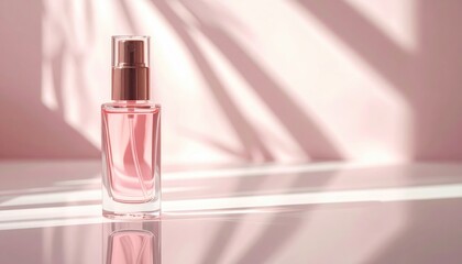 Elegant perfume bottle reflects soft light on a blush surface, creating a serene and luxurious atmosphere perfect for Valentine's Day or beauty marketing.