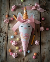 Unicorn-themed Schultüte on rustic wooden table