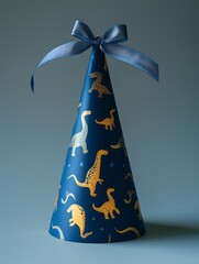 Blue Schultüte with dinosaur pattern and ribbon