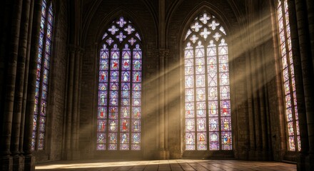 Fototapeta premium Sunlight streaming through stained glass windows in a gothic cathedral interior with stone walls