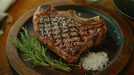 A thick grilled steak is beautifully displayed on a rustic wooden platter, garnished with fresh rosemary and sprinkled with sea salt, showcasing a perfect cook