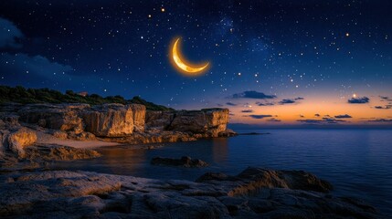 Naklejka premium Nighttime coastal scene, crescent moon, starry sky