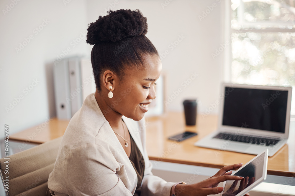 Poster tablet, smile or black woman research online for information or network in startup office. digital t