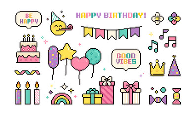 Pixel art Happy Birthday elements collection of present box, gifts, holiday cake, balloons. Birthday party icons on white background. Y2k trendy pixel holiday stickers. 8-bit game icons in vector