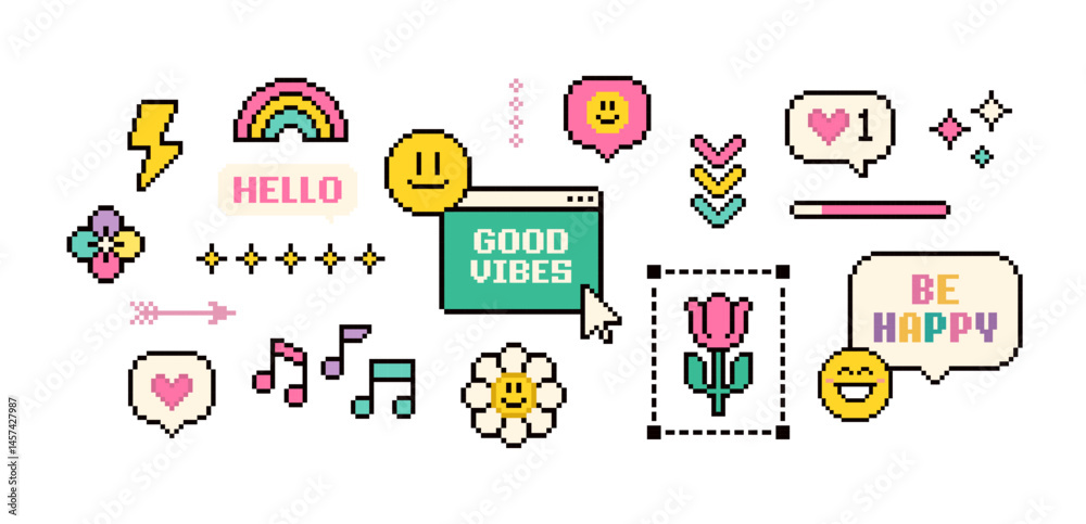 Poster Pixel game elements and stickers of Good Vibes 90's aesthetics. 8-bit retro computer game background. Y2k 
 Simple geometric forms. Playful Pixel Icons pack 
