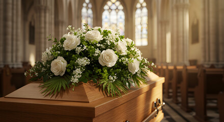 Light Wood Casket Adorned with White Floral Arrangement in Church for Funeral Service