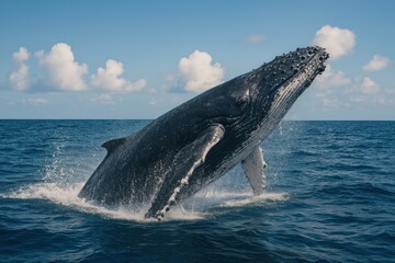 Obraz premium Majestic whale breaching ocean waves.