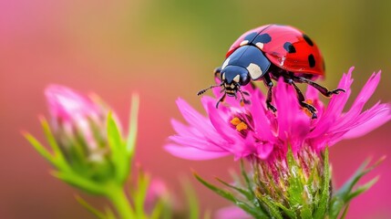 Close-up view of ladybug on vibrant pink flower.