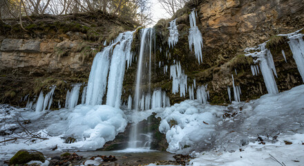 Frozen Waterfall Landscape With Icicles And Cold Water In Winter Season