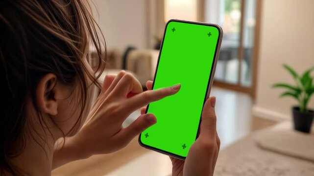 Woman holding smartphone and scrolling green screen, ai generated