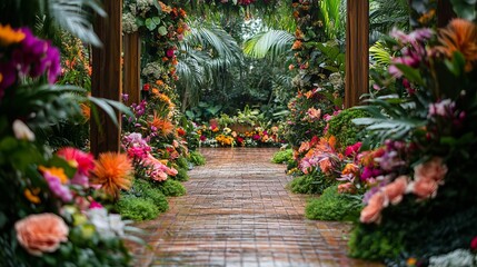 Vibrant Tropical Floral Pathway Lush Garden Wedding Arch Romantic Flowers Blooming Nature Brick Path Colorful Paradise Exotic Plants Summer Romance Floral Design Botanical         
