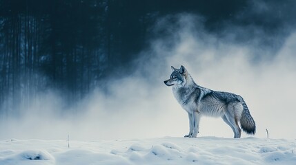 Majestic gray wolf standing in snowy winter landscape fog cold wild mist blue calm trees woods white