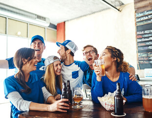 Sports, fans and happy people in pub with beer, snacks and singing celebration of world cup together. Baseball, games and group of excited friends in bar for watch party, drinks and competition on tv