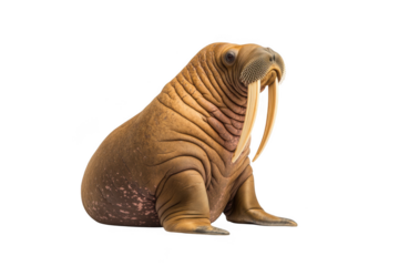 Sitting walrus with tusks on transparent background