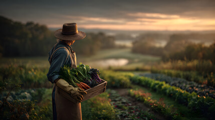 Fototapeta premium Organic Farmer Harvesting Fresh Produce at Sunrise