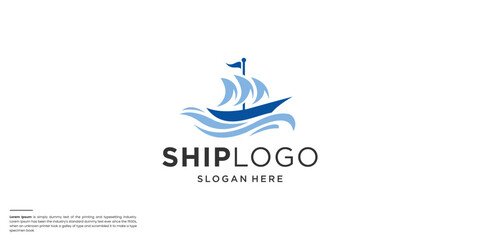 Vector ship logo design. Ship with waves element logo. Modern ship logo with waves.