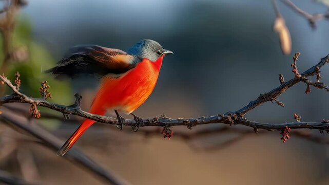 Vivid red minivet bird perched gracefully on a slender, leafless branch, displaying striking plumage in a serene, natural environment.