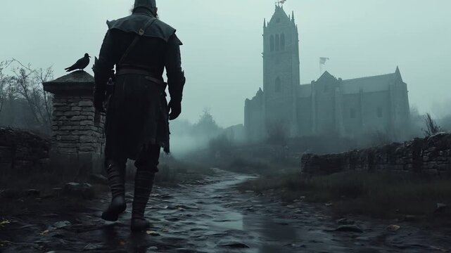 A low-angle view of a Viking walking up to a castle