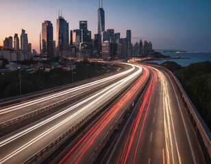 Fototapeta premium The motion blur of a busy urban highway during the evening rush hour. The city skyline serves as the background