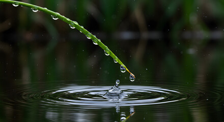 Leaf And Droplets Splashing Into The Water Creating A Ripple Effect