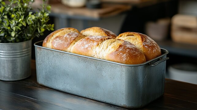 Delicious homemade artisan bread loaf in rustic metal pan baking food oven meal wheat dough crust
