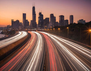 Obraz premium The motion blur of a busy urban highway during the evening rush hour. The city skyline serves as the background