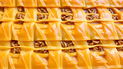 A golden lattice of baklava, its honeyed layers infused with the nutty aroma of walnuts, a sweet treat that tantalizes the taste buds with its irresistible flavor.