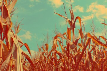 Cornfield under Blue Sky: A sun-drenched cornfield stretches towards a vibrant blue sky, evoking feelings of rural tranquility and agricultural abundance.