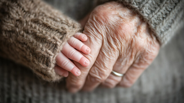Manos de anciano y beb&eacute; entrelazadas en gesto de ternura