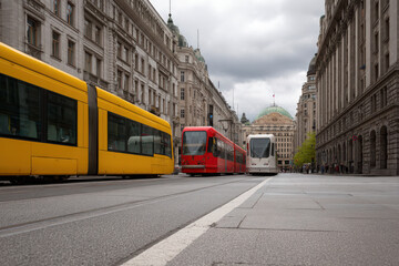 Fototapeta premium vibrant city scene featuring modern trams gliding through bustling urban environment