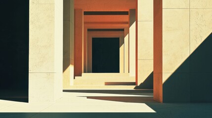 A long hallway with a large archway in the middle